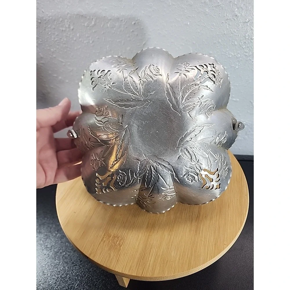 Vintage Double Aluminum Bride's Basket w/ Pierced Design, Roses & Handle Cottage